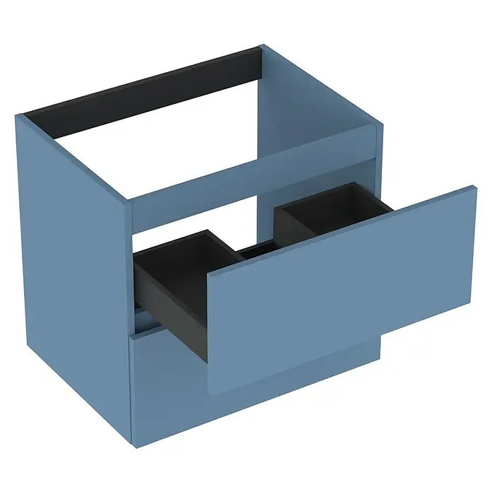 Outlets Bath Waschbeckenunterschrank Cancun - 60 x 45 x 55 cm, Blau - Ein hellblaues Badezimmerwaschbeckenunterschrank mit zwei Schubladen und einem modernen Design, ideal für jedes Badezimmer.