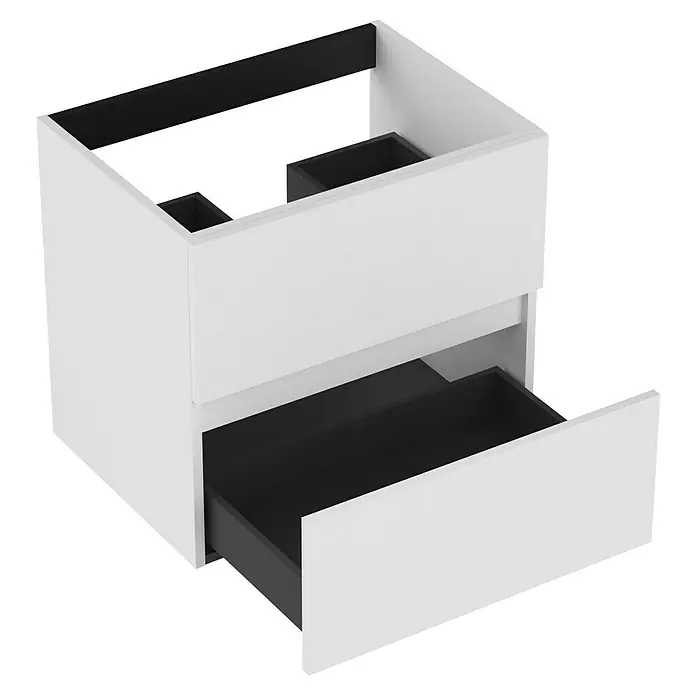 Outlets Bath Waschbeckenunterschrank Cancun - 60 x 45 x 55 cm, Weiß - Weißer Badezimmerschrank mit schwarzer Schublade. Das Möbelstück ist modern und bietet Stauraum für Badutensilien.
