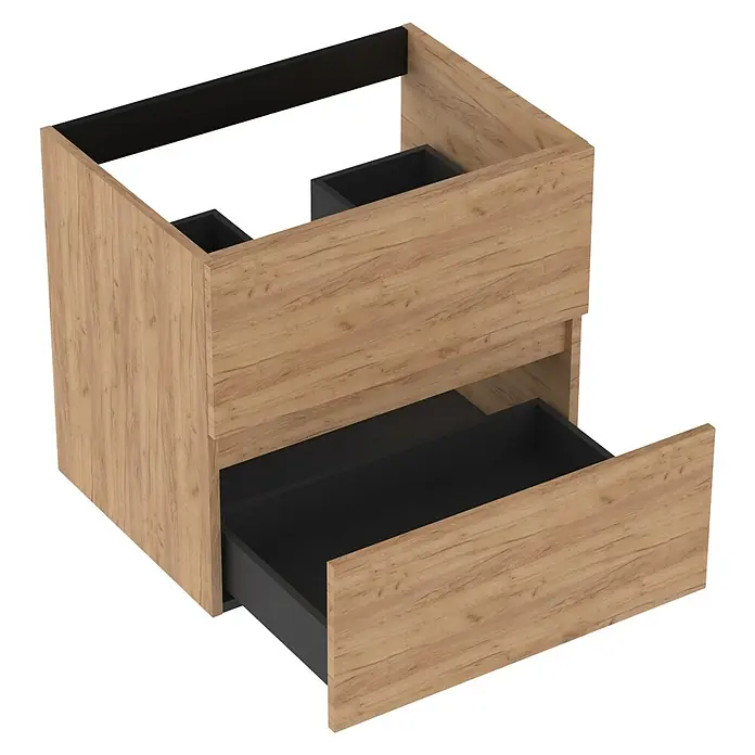 Outlets Bath Waschbeckenunterschrank Cancun - 60 x 45 x 55 cm, Craft Oak - Ein Holzschrank mit schwarzen Schubladen offen, der Einblick in das Innere des Möbels gewährt. Ideal für moderne Badezimmer.