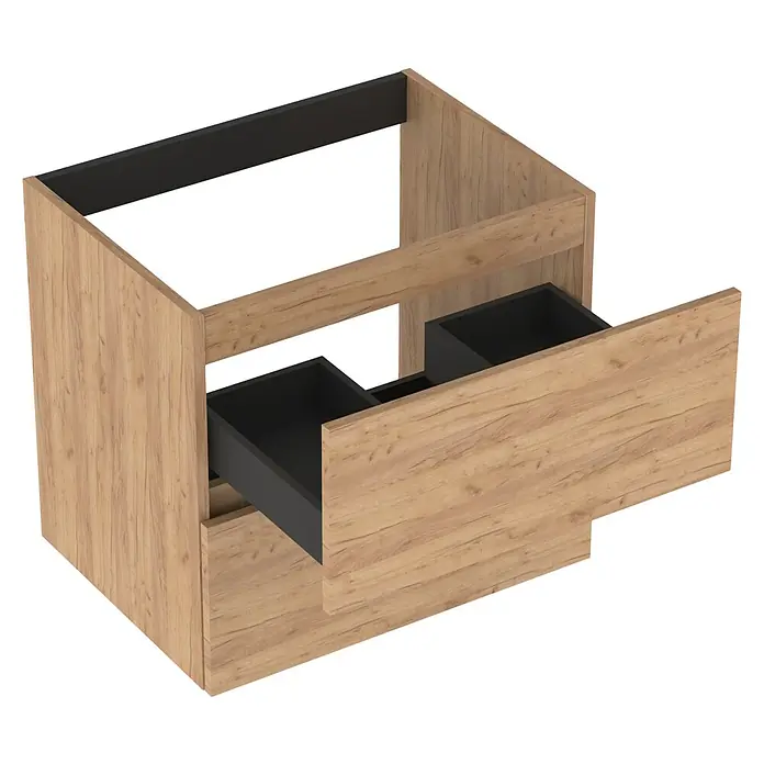 Outlets Bath Waschbeckenunterschrank Cancun - 60 x 45 x 55 cm, Craft Oak - Holzfarbener Waschtischunterschrank mit zwei schwarzen Schubladen für das Badezimmer.