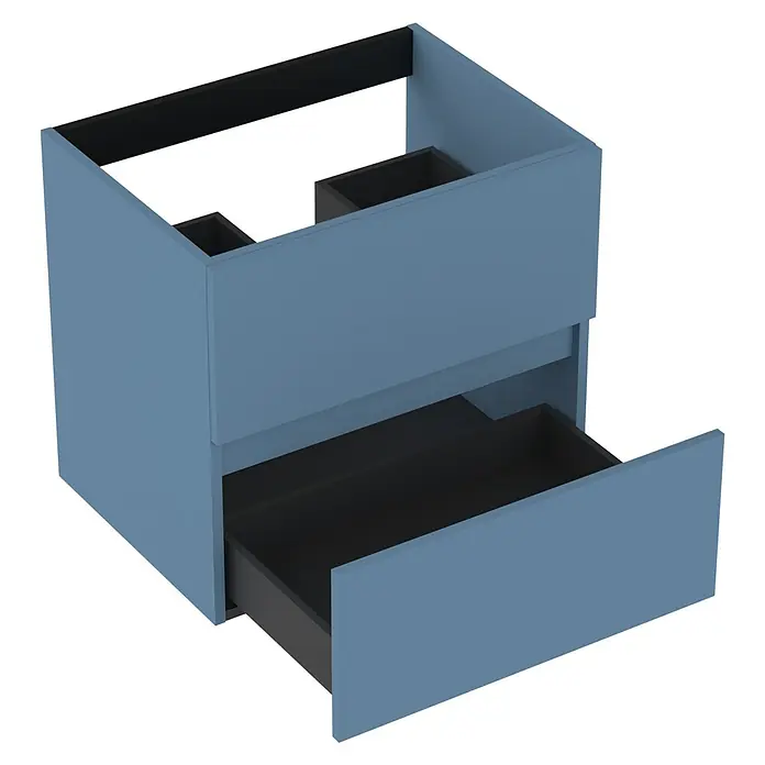 Outlets Bath Waschbeckenunterschrank Cancun - 60 x 45 x 55 cm, Blau - Blauer Badezimmerschrank mit Schublade offen. Modernes Design für das Badezimmer. Praktische Aufbewahrungslösung.