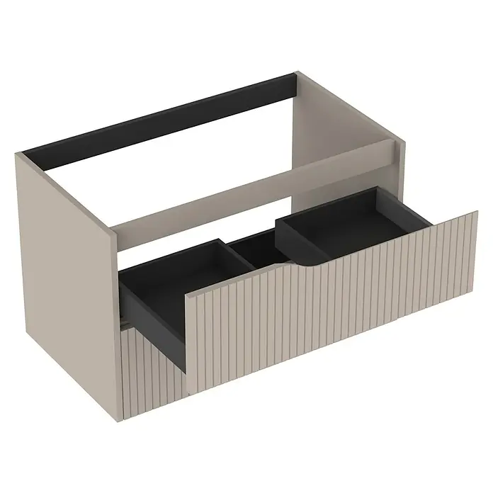 Outlets Bath Waschbeckenunterschrank Soho - 80 x 45 x 50 cm, Cashmere - Ein moderner Badezimmerschrank mit zwei Schubladen, die eine gerillte Front haben und dem Möbelstück eine stilvolle Note verleihen.