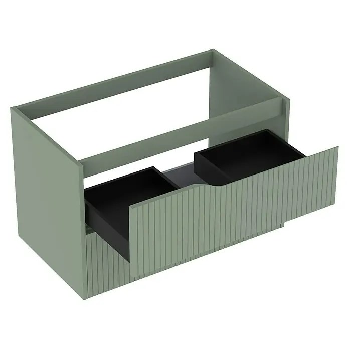 Outlets Bath Waschbeckenunterschrank Soho - 80 x 45 x 50 cm, Grün - Ein Badezimmerschrank mit zwei Schubladen, die leicht geöffnet sind, in einem hellen Grünton. Die Schubladen sind schwarz.