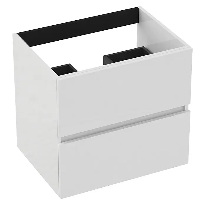 Outlets Bath Waschbeckenunterschrank Cancun - 60 x 45 x 55 cm, Weiß - Die Abbildung zeigt einen modernen, weißen Waschbeckenunterschrank mit zwei Schubladen und schwarzem Innenleben. Er bietet praktischen Stauraum im Badezimmer.