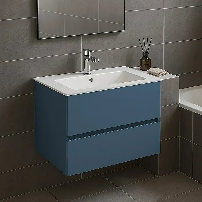 Outlets Bath Waschbeckenunterschrank Cancun - 60 x 45 x 55 cm, Blau - Blaues Waschbecken mit zwei Schubladen und einem weißen Keramikwaschtisch mit einem modernen Chromhahn unter einem Spiegel.