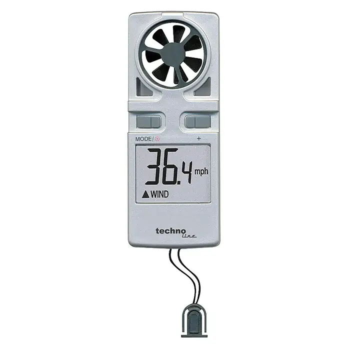 Technoline Sensor Windmesser EA3000 - Batteriebetrieben, Silber, 1,7 x 3,8 x 9,8 cm - Ein digitales Hand-Anemometer von Techno Line zur Messung der Windgeschwindigkeit, Anzeige 36.4 mph, mit Trageschlaufe.