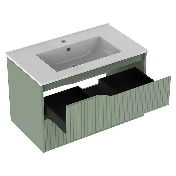 Outlets Bath Waschbeckenunterschrank Soho - 80 x 45 x 50 cm, Grün - Ein modernes Waschbeckenunterschrank-Set in Grün mit offenen Schubladen, ideal für stilvolle Badezimmer.