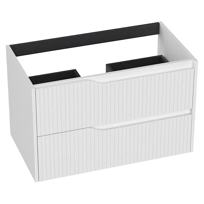 Outlets Bath Waschbeckenunterschrank Soho - 80 x 45 x 50 cm, Weiß - Ein moderner, weißer Waschtischunterschrank mit gerillten Schubladenfronten. Er bietet Stauraum und verleiht dem Badezimmer einen stilvollen Look.