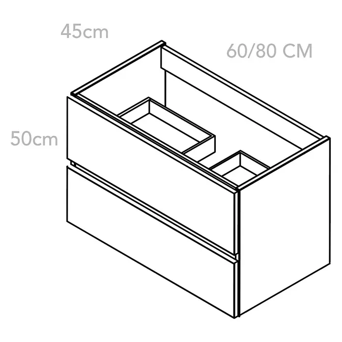 Outlets Bath Waschbeckenunterschrank Cancun - 60 x 45 x 55 cm, Blau - Bild eines Badezimmerschranks mit Schubladen und Maßen. Der Schrank ist 45cm tief, 50cm hoch und 60/80cm breit.