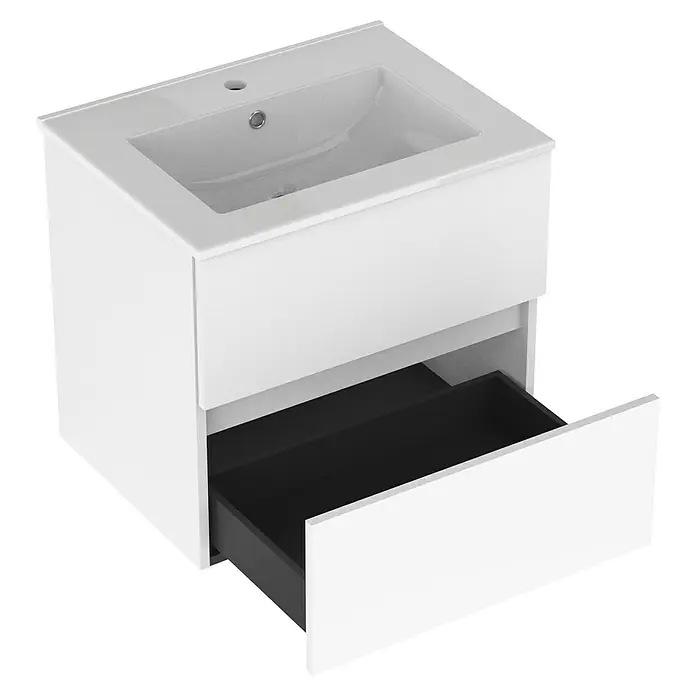 Outlets Bath Waschbeckenunterschrank Cancun - 60 x 45 x 55 cm, Weiß - Weiße Waschtischkombination mit offenem Schubfach und integriertem Waschbecken. Schlichtes Design für das moderne Badezimmer.