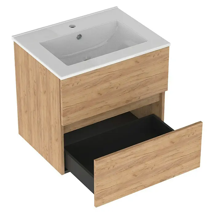 Outlets Bath Waschbeckenunterschrank Cancun - 60 x 45 x 55 cm, Craft Oak - Waschbeckenunterschrank mit Schublade in Holzoptik und weißem Waschbecken für das Badezimmer.