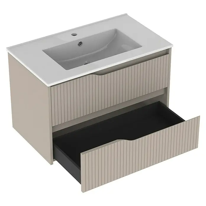 Outlets Bath Waschbeckenunterschrank Soho - 80 x 45 x 50 cm, Cashmere - Abbildung eines Waschtischunterschranks mit einer offenen Schublade, die das schwarze Innere zeigt. Der Schrank ist in einem neutralen Farbton gehalten.