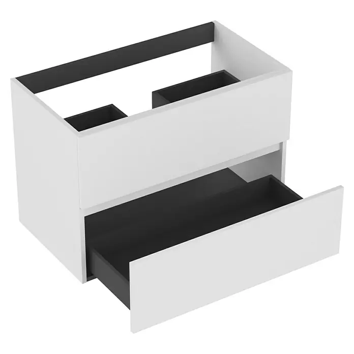 Outlets Bath Waschbeckenunterschrank Cancun - 80 x 45 x 55 cm, Weiß - Ein moderner, weißer Waschtischunterschrank mit offenen Schubladen, der Funktionalität und minimalistisches Design vereint.