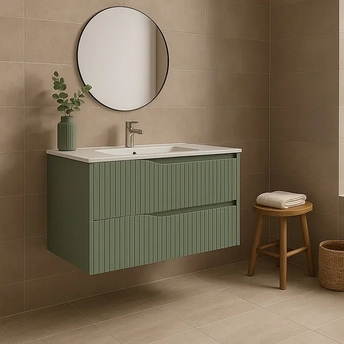 Outlets Bath Waschbeckenunterschrank Soho - 80 x 45 x 50 cm, Grün - Das Foto zeigt ein modernes Badezimmer mit einem grünen Waschbeckenunterschrank, einem runden Spiegel und hellbraunen Fliesen.