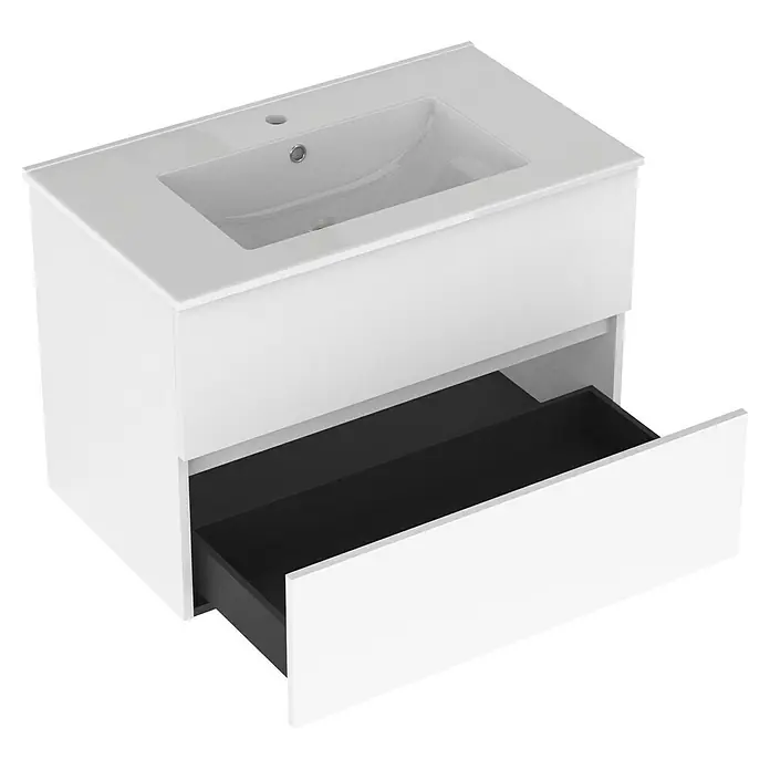 Outlets Bath Waschbeckenunterschrank Cancun - 80 x 45 x 55 cm, Weiß - Weißer Waschbeckenunterschrank mit offenem Schubfach. Elegantes Design für moderne Badezimmer, bietet Stauraum und Stil.