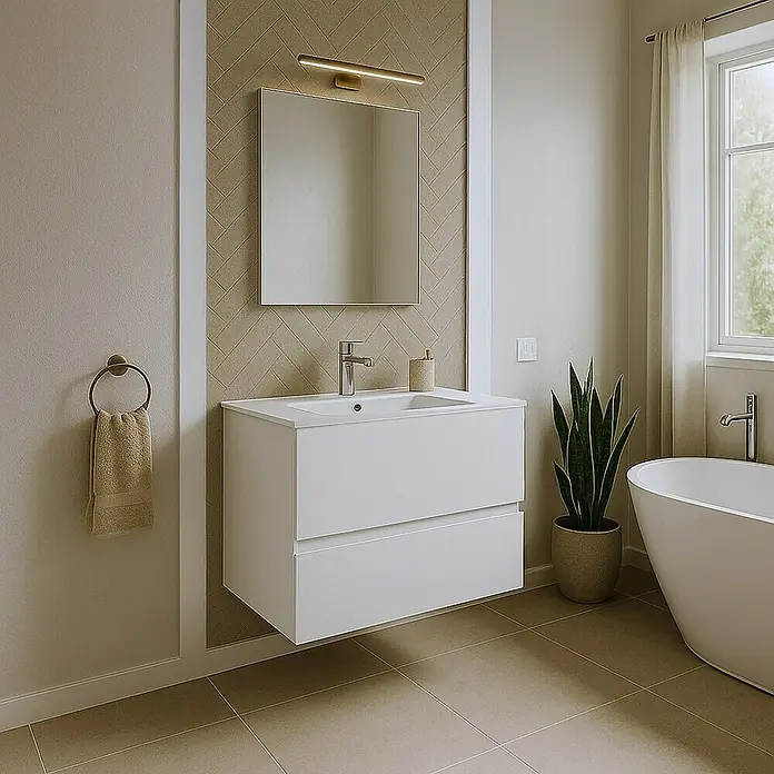 Outlets Bath Waschbeckenunterschrank Cancun - 60 x 45 x 55 cm, Weiß - Elegantes Badezimmer mit einem modernen, weißen Waschbeckenunterschrank mit Schubladen und einem passenden Spiegel.