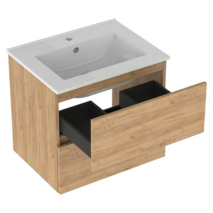 Outlets Bath Waschbeckenunterschrank Cancun - 60 x 45 x 55 cm, Craft Oak - Ein moderner Waschtisch mit Holzoptik und zwei Schubladen bietet viel Stauraum und ein stilvolles Design für jedes Badezimmer.