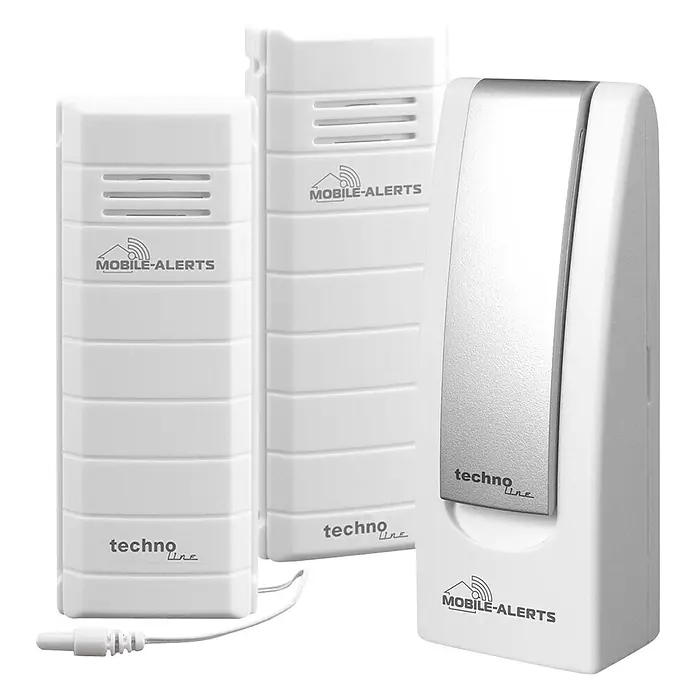 Mobile-Alerts Starter-Set MA10029 SET - 1 x Gateway, 1 x Temperatursensor mit Kabelsonde, 1 x Temperatursensor, 1 x Netzteil - Das Bild zeigt eine Nahaufnahme von drei Technoline Mobile-Alerts Sensoren in Weiß.