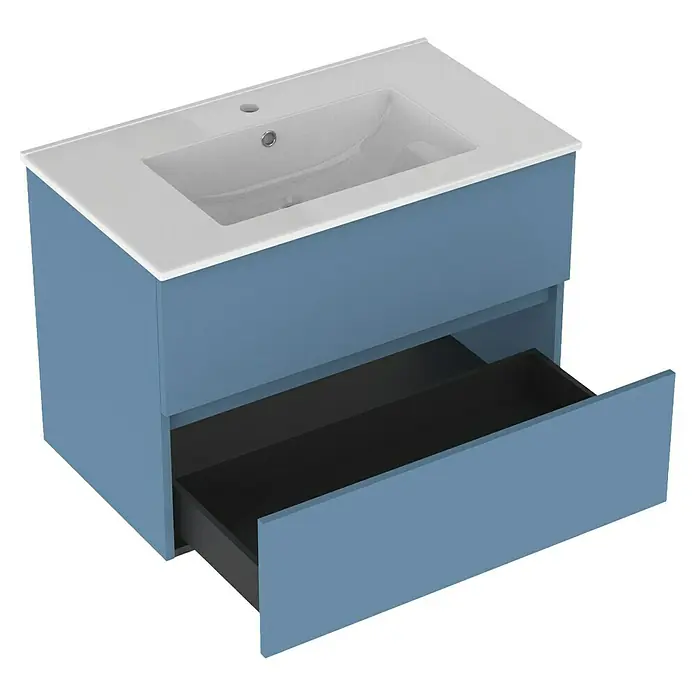Outlets Bath Waschbeckenunterschrank Cancun - 80 x 45 x 55 cm, Blau - Moderner Waschtischunterschrank in Blau mit weißem Waschbecken und offenem Schubfach. Elegantes Design für Badezimmer.