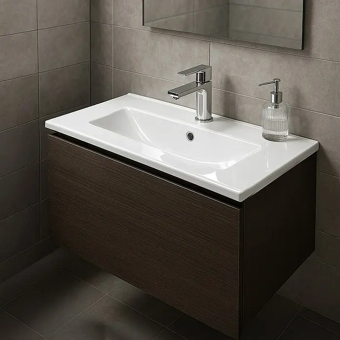 Outlets Bath Waschtisch Segura - 61 x 39 cm, Hahnloch: Mitte, Mit Überlauf, Weiß - Ein modernes Badezimmerwaschbecken mit dunklem Holzunterschrank, weißem Becken und einem Chromhahn, ergänzt durch einen Seifenspender.
