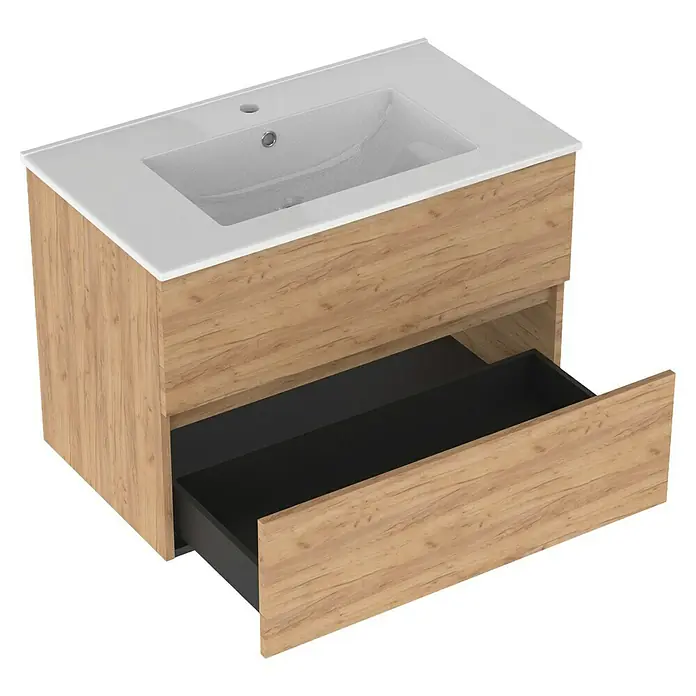 Outlets Bath Waschbeckenunterschrank Cancun - 80 x 45 x 55 cm, Craft Oak - Ein moderner Waschtischunterschrank in Holzoptik mit einer weißen Keramikablage und einer Schublade, die einen stilvollen Akzent im Badezimmer setzt.