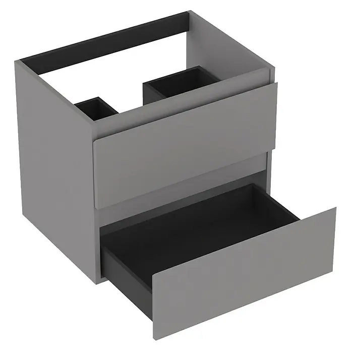 Outlets Bath Waschbeckenunterschrank Atlantis - 60 x 45 x 50 cm, Grau - Ein grauer Badezimmerschrank mit zwei Schubladen, wobei die untere leicht geöffnet ist, um das schwarze Innere zu zeigen.