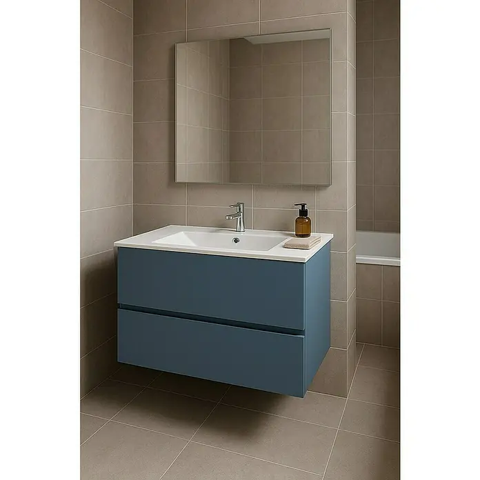 Outlets Bath Waschbeckenunterschrank Cancun - 80 x 45 x 55 cm, Blau - Modernes Badezimmer mit blauem Waschtischunterschrank, weißem Waschbecken und Spiegel. Ideal für stilvolle Badgestaltung mit praktischem Stauraum.
