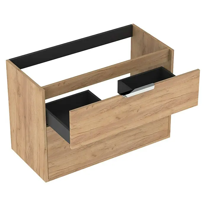 Outlets Bath Waschbeckenunterschrank Triana - Craft Oak, 80 x 38 x 56 cm, Farbe Griff: Chrom - Moderne Waschtischunterschrank mit zwei Auszügen in Holzoptik und schwarzen Schubladen für ein stilvolles Badezimmerdesign.