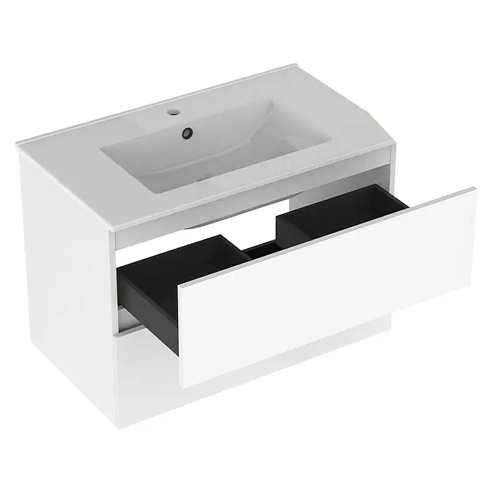 Outlets Bath Waschbeckenunterschrank Cancun - 80 x 45 x 55 cm, Weiß - Moderne weiße Waschtischkombination mit offenem Schubladenelement für stilvolle Badezimmer.