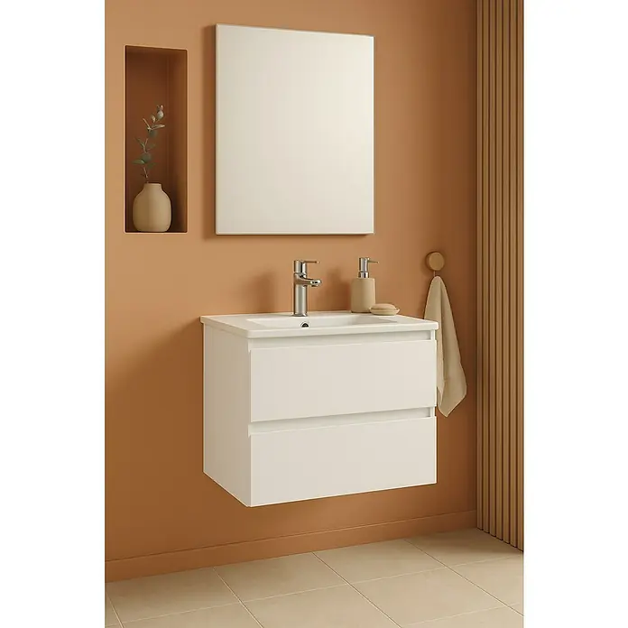 Outlets Bath Waschbeckenunterschrank Atlantis - 60 x 45 x 50 cm, Weiß - Modernes Badezimmer-Interieur mit einem stilvollen, weißen Waschtischunterschrank und einem quadratischen Spiegel.