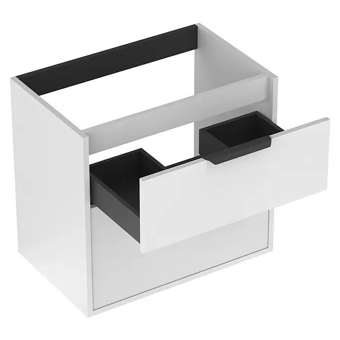 Outlets Bath Waschbeckenunterschrank Triana - Weiß, 60 x 38 x 56 cm, Farbe Griff: Schwarz - Weißer Badezimmerschrank mit zwei Schubladen. Die Schubladen sind teilweise geöffnet und haben schwarze Griffe. Der Schrank ist modern und schlicht.