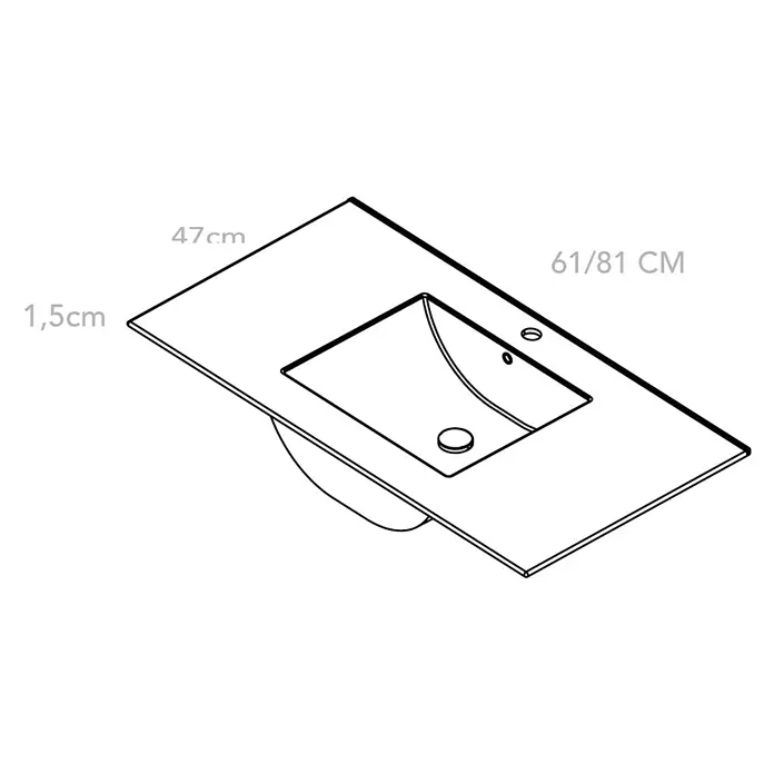 Outlets Bath Waschtisch Bogota - 61 x 47 cm, Hahnloch: Mitte, Mit Überlauf, Weiß - Schema eines Waschtischs mit Maßen. Die Platte misst 47 cm in der Tiefe, 61/81 cm in der Breite und ist 1,5 cm dick.