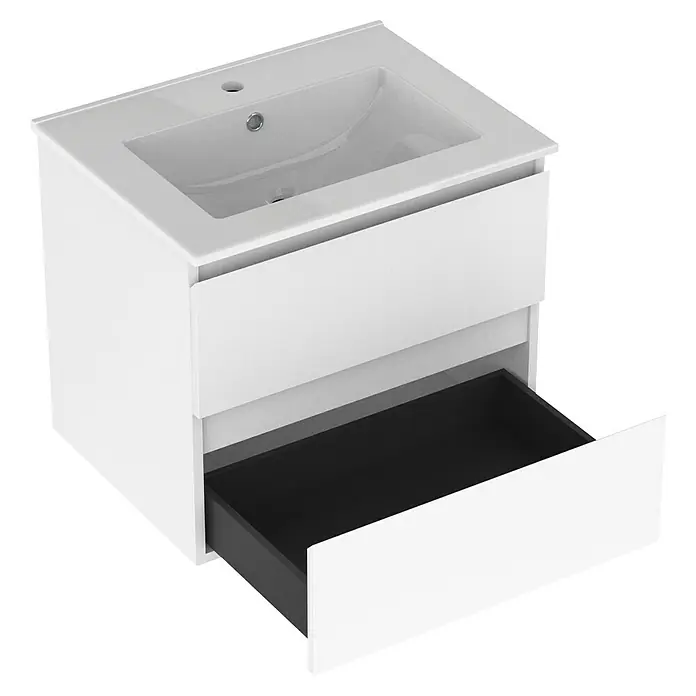 Outlets Bath Waschbeckenunterschrank Atlantis - 60 x 45 x 50 cm, Weiß - Moderner Waschtisch mit schwarzer Schublade. Das Waschbecken ist aus weißer Keramik, der Unterschrank ist ebenfalls weiß.