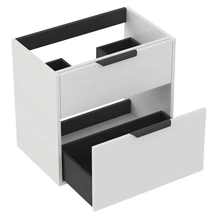 Outlets Bath Waschbeckenunterschrank Triana - Weiß, 60 x 38 x 56 cm, Farbe Griff: Schwarz - Bild eines weißen Badezimmerunterschranks mit zwei Schubladen, wobei die untere Schublade geöffnet ist, um das schwarze Innere zu zeigen.