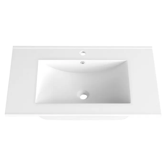 Outlets Bath Waschtisch Bogota - 81 x 47 cm, Hahnloch: Mitte, Mit Überlauf, Weiß - Draufsicht auf ein weißes Waschbecken mit Armaturen und Abfluss. Das schlichte Design und die glatte Oberfläche machen es ideal für moderne Badezimmer.