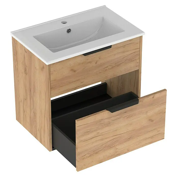Outlets Bath Waschbeckenunterschrank Triana - Craft Oak, 60 x 38 x 56 cm, Farbe Griff: Schwarz - Moderner Waschtischunterschrank mit zwei Schubladen in Holzoptik und schwarzem Griff. Das Waschbecken ist aus weißer Keramik.