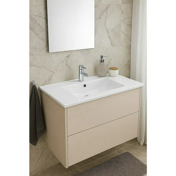 Outlets Bath Waschtisch Bogota - 81 x 47 cm, Hahnloch: Mitte, Mit Überlauf, Weiß - Ein moderner Badezimmerschrank mit Waschbecken und zwei Schubladen, ideal für stilvolle Badezimmer.