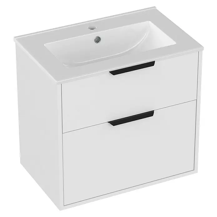 Outlets Bath Waschbeckenunterschrank Triana - Weiß, 60 x 38 x 56 cm, Farbe Griff: Schwarz - Weißer Waschtischunterschrank mit zwei Schubladen und schwarzem Griff, ideal für moderne Badezimmer.