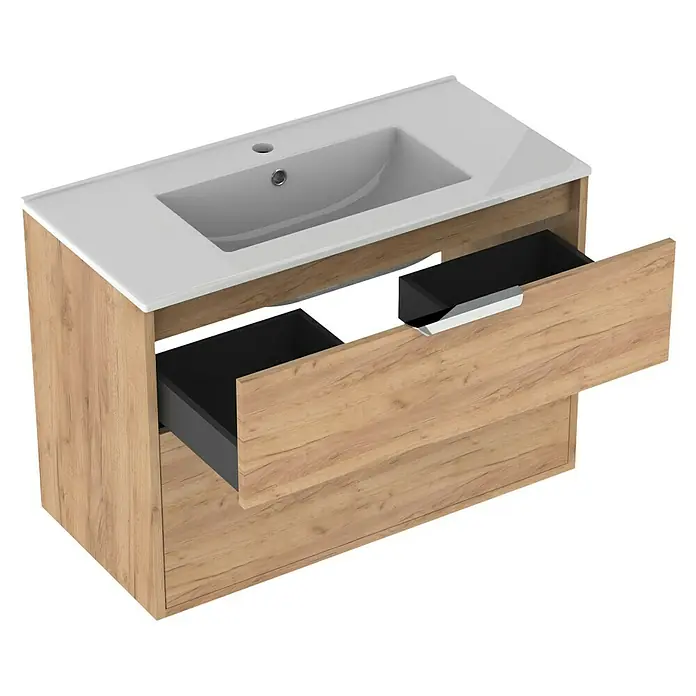 Outlets Bath Waschbeckenunterschrank Triana - Craft Oak, 80 x 38 x 56 cm, Farbe Griff: Chrom - Dieser Waschtischunterschrank in Holzoptik mit weißen Aufsatzwaschbecken bietet stilvollen Stauraum im Badezimmer. Die Schubladen sind mit Griffen versehen.