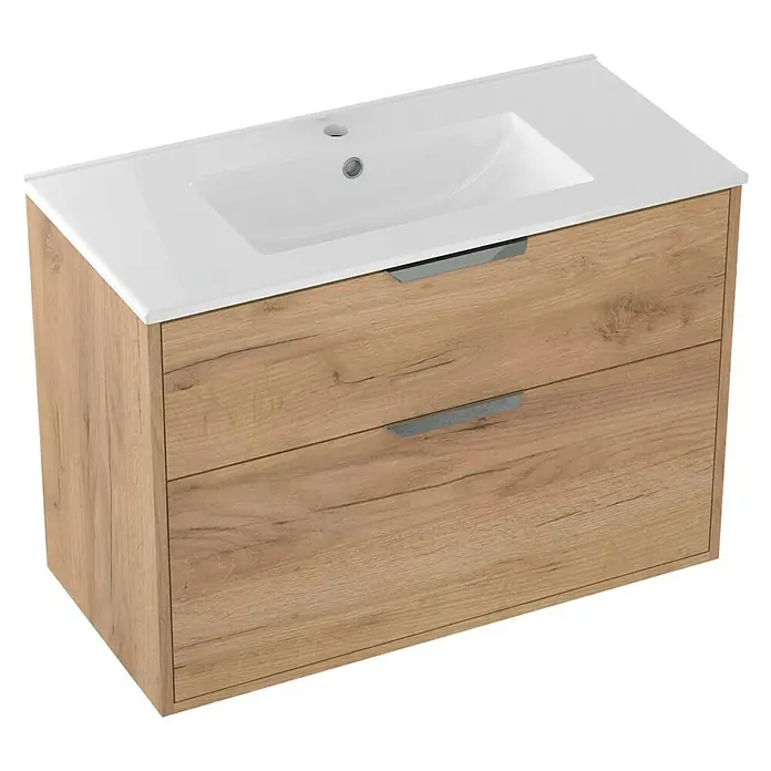 Outlets Bath Waschbeckenunterschrank Triana - Craft Oak, 80 x 38 x 56 cm, Farbe Griff: Chrom - Modernes Waschbecken mit Unterschrank in Holzoptik und weißen Waschbecken. Elegantes Design für jedes Badezimmer.