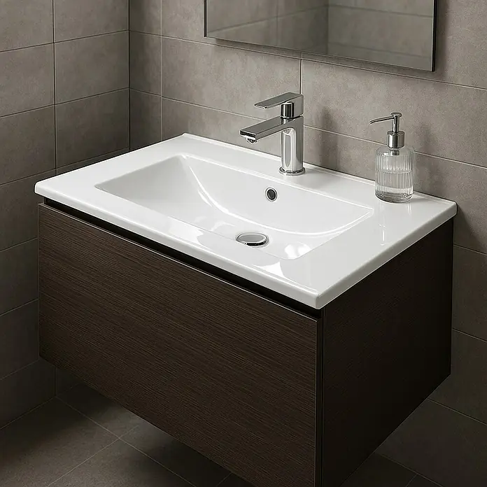Outlets Bath Waschtisch Bogota - 61 x 47 cm, Hahnloch: Mitte, Mit Überlauf, Weiß - Ein moderner Waschtisch mit dunklem Holzunterschrank, weißem Waschbecken und Chromarmatur. Ein stilvolles Badmöbel für jedes Badezimmer.