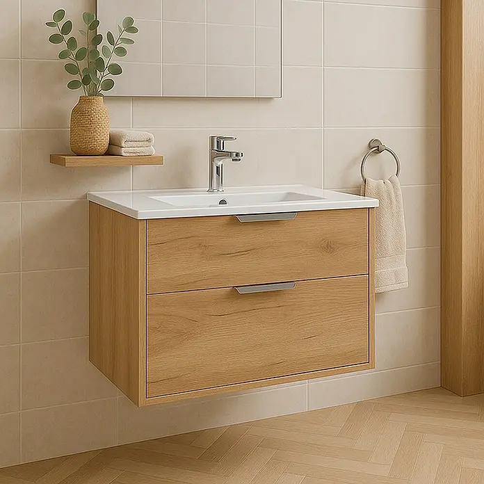 Outlets Bath Waschbeckenunterschrank Triana - Craft Oak, 80 x 38 x 56 cm, Farbe Griff: Chrom - Nahaufnahme eines modernen Badezimmers mit einem Unterschrank aus hellem Holz, weißem Waschbecken und Armatur.