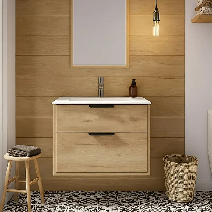 Outlets Bath Waschbeckenunterschrank Triana - Craft Oak, 60 x 38 x 56 cm, Farbe Griff: Schwarz - Modernes Badezimmer-Interieur mit einem stilvollen Waschtischunterschrank aus hellem Holz und einem passenden Spiegel. Elegante Gestaltung für ein zeitgemäßes Bad.