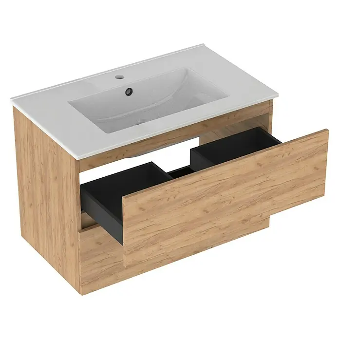 Outlets Bath Waschbeckenunterschrank Cancun - 80 x 45 x 55 cm, Craft Oak - Ein moderner Waschtischunterschrank mit zwei Auszügen in Holzoptik und einem weißen Waschbecken. Praktisch und stilvoll für jedes Badezimmer.