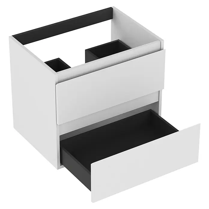 Outlets Bath Waschbeckenunterschrank Atlantis - 60 x 45 x 50 cm, Weiß - Ein Badezimmerschrank in Weiß mit Schubladen, wobei die untere Schublade leicht geöffnet ist, um den schwarzen Innenraum zu zeigen.