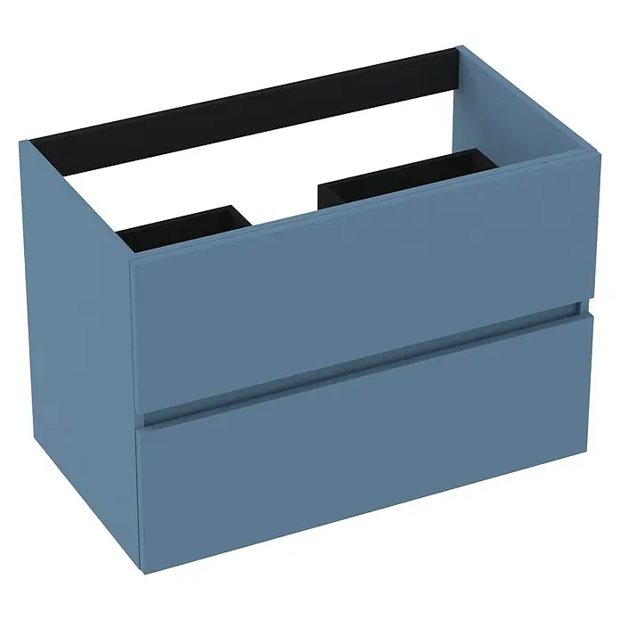 Outlets Bath Waschbeckenunterschrank Cancun - 80 x 45 x 55 cm, Blau - Ein blaues Unterschrank-Möbelstück mit zwei Schubladen und schwarzem Innenraum für Badezimmer oder ähnliche Räume.