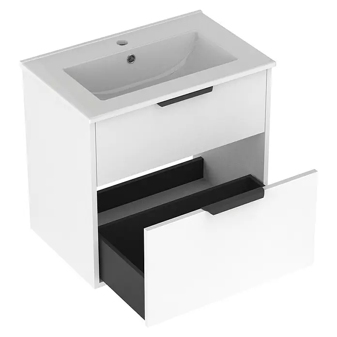 Outlets Bath Waschbeckenunterschrank Triana - Weiß, 60 x 38 x 56 cm, Farbe Griff: Schwarz - Modernes Waschbecken mit Unterschrank in Weiß und offenem Schubfach in Schwarz für stilvolle Badezimmergestaltung.