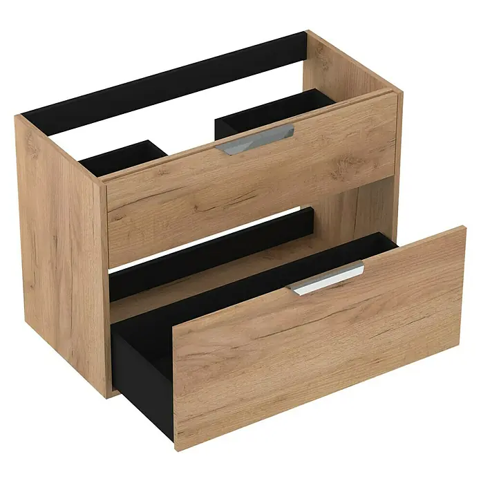Outlets Bath Waschbeckenunterschrank Triana - Craft Oak, 80 x 38 x 56 cm, Farbe Griff: Chrom - Bild einer offenen Kommode mit zwei Schubladen in Holzoptik, Innenleben schwarz. Praktisches Möbelstück zur Aufbewahrung.