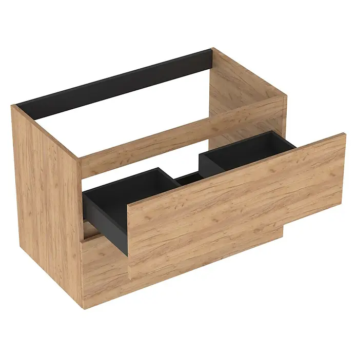 Outlets Bath Waschbeckenunterschrank Cancun - 80 x 45 x 55 cm, Craft Oak - Moderner Waschtischunterschrank in Holzoptik mit zwei Schubladen in Schwarz für ein stilvolles Badezimmer.