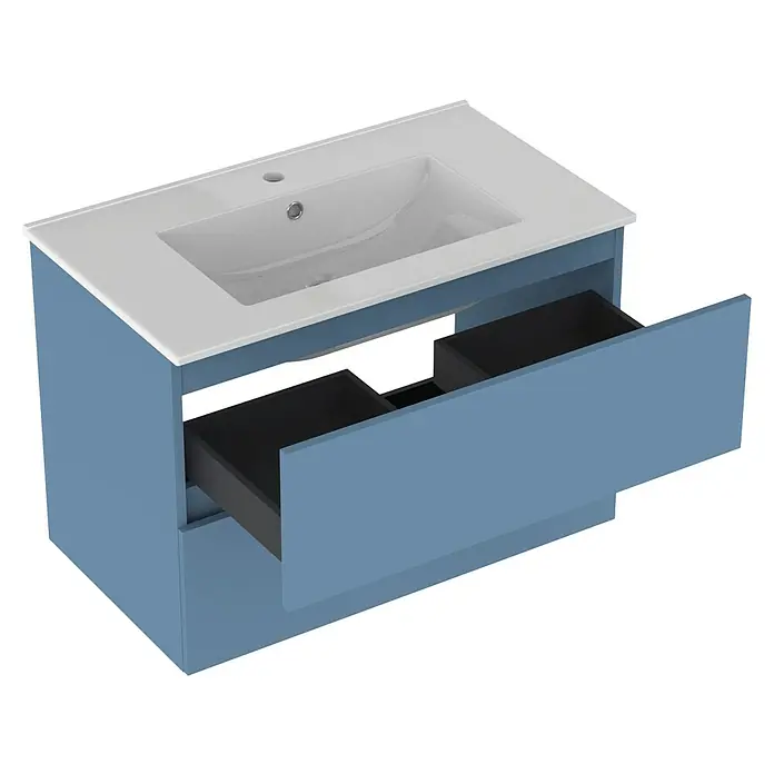 Outlets Bath Waschbeckenunterschrank Cancun - 80 x 45 x 55 cm, Blau - Modernes, blaues Badezimmerwaschbecken mit weißer Arbeitsplatte und praktischen Schubladen für mehr Stauraum. Ideal für jedes Badezimmer.
